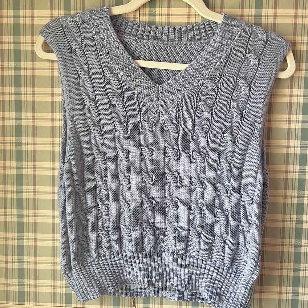 SHEIN V-Neck Cable Knit Sweater Vest - Light Blue